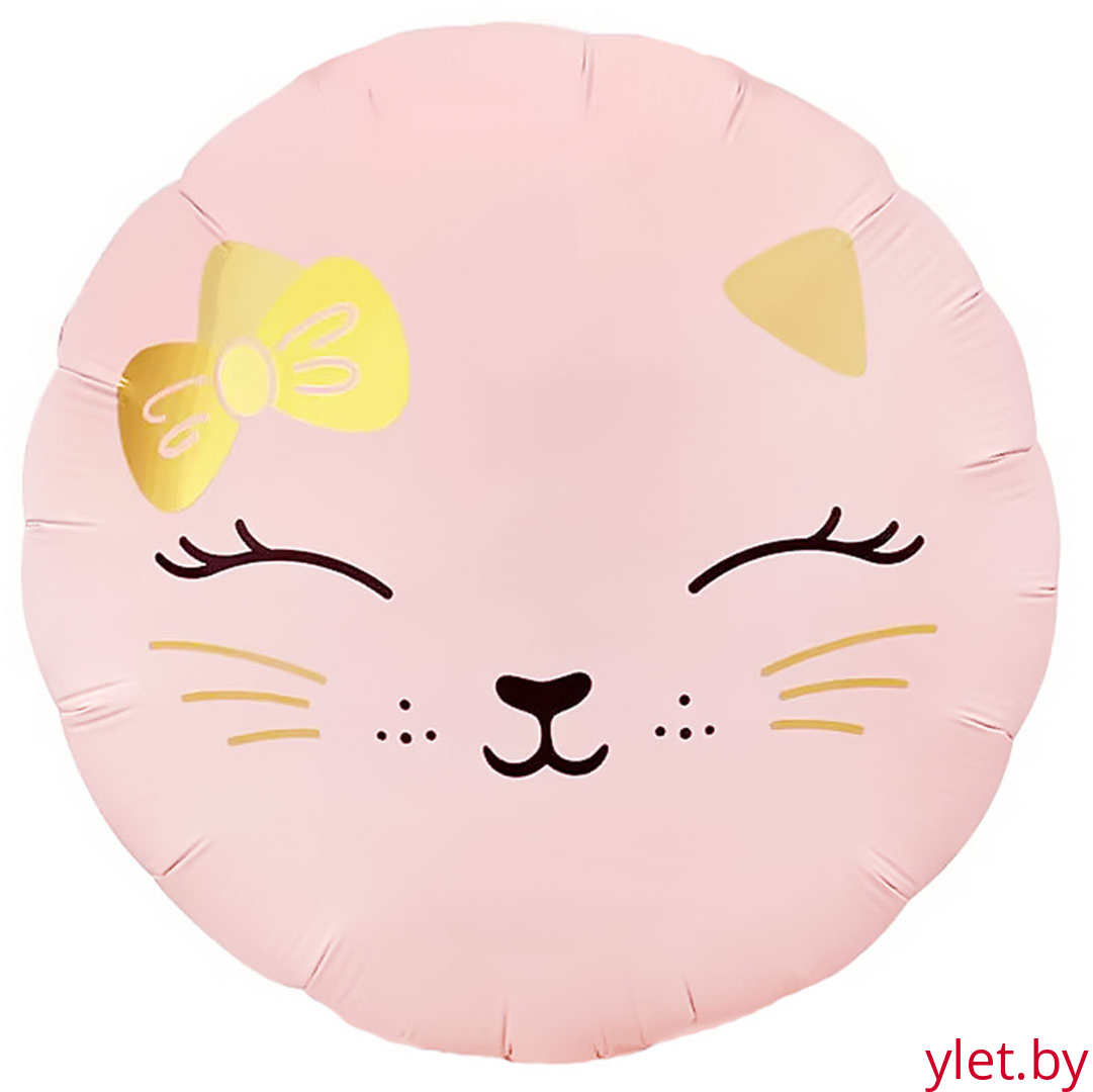 Шар (18''/46 см) Круг, Кошечка с бантом, Розовый, Сатин