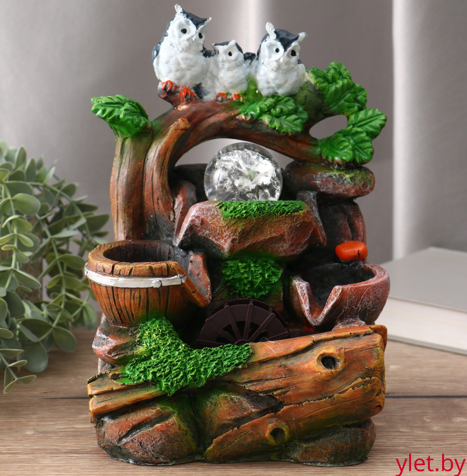 Фонтан настольный «Совы на дереве», 25.5×17×14 см, с подсветкой