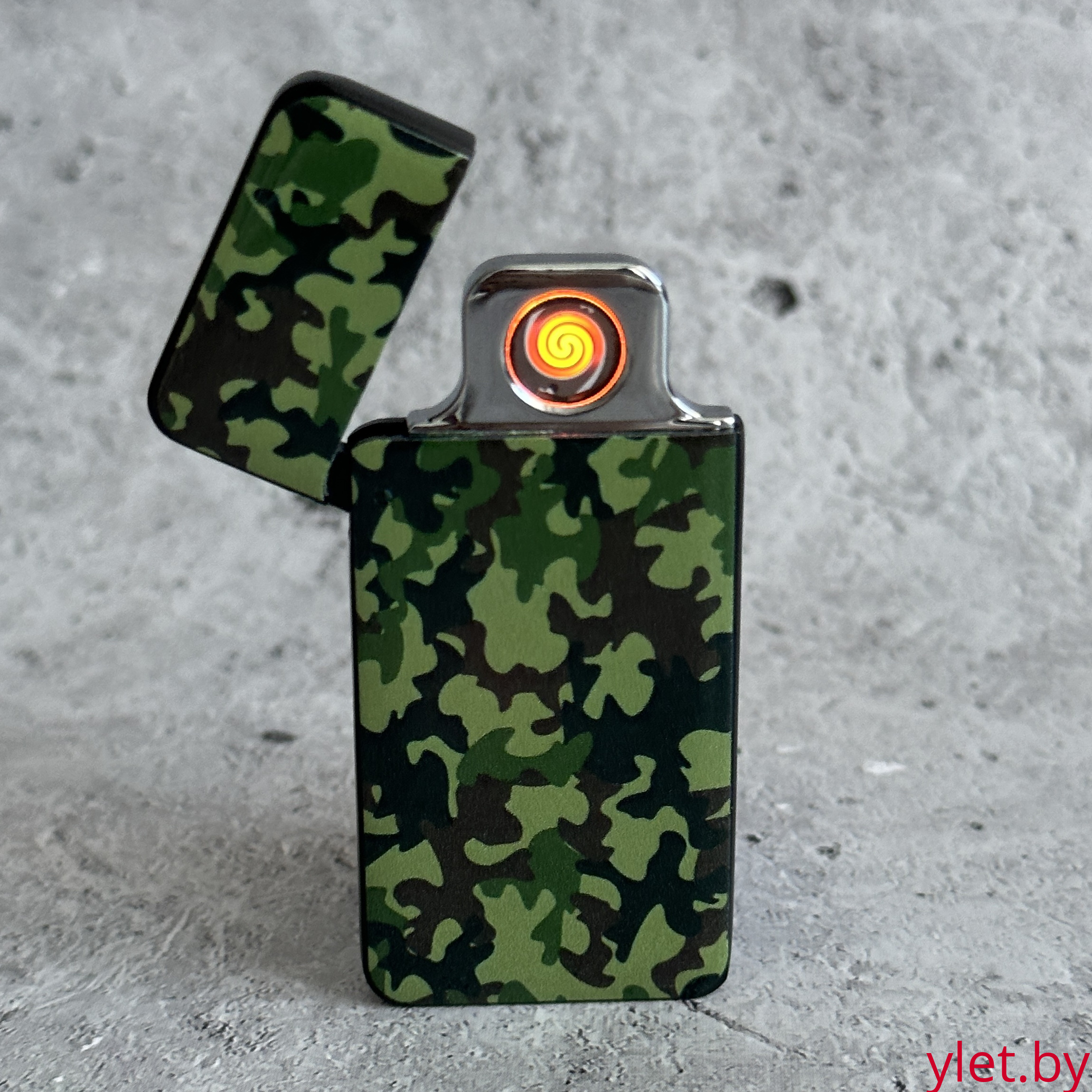 USB зажигалка камуфляж зеленая, спираль, ультратонкая