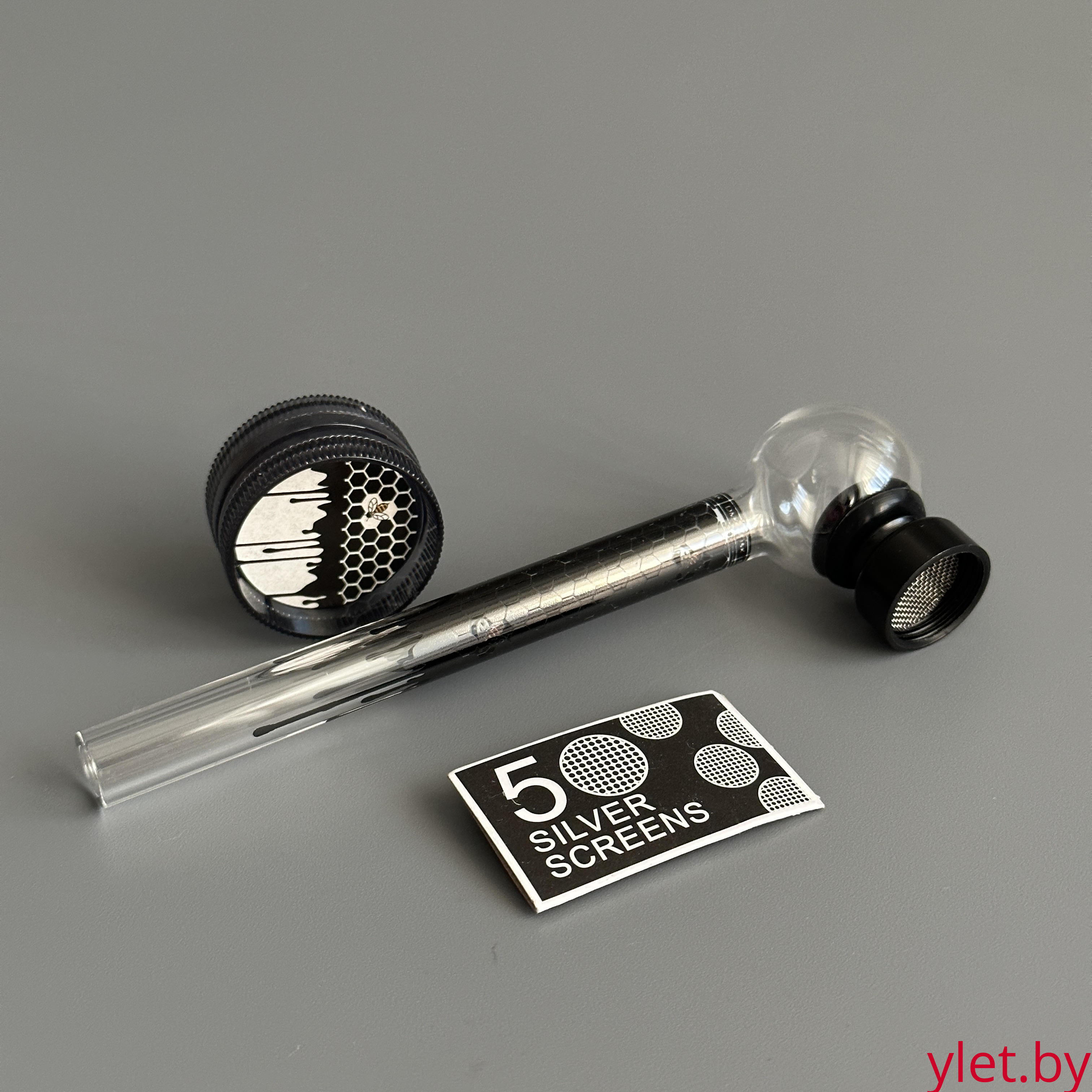 Курительный девайс стеклянная трубочка Соты с гриндером черный