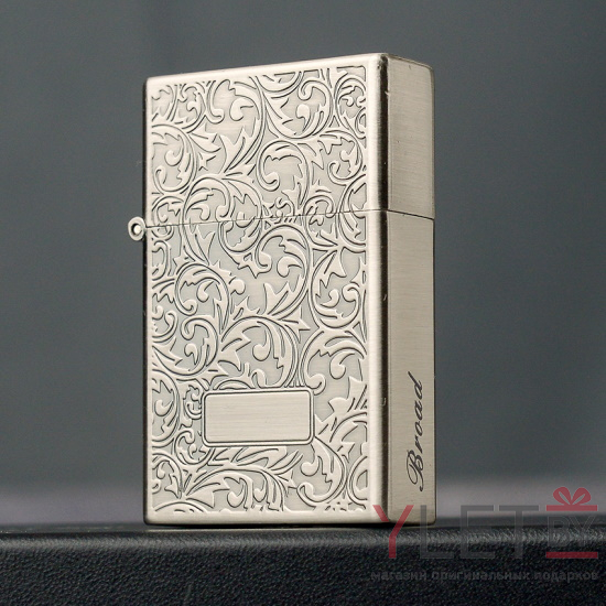 Зажигалка газовая турбо Broad квадратная Узоры Серебро