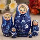 Матрешка Гжель синее платье, 5 кукол 10 см