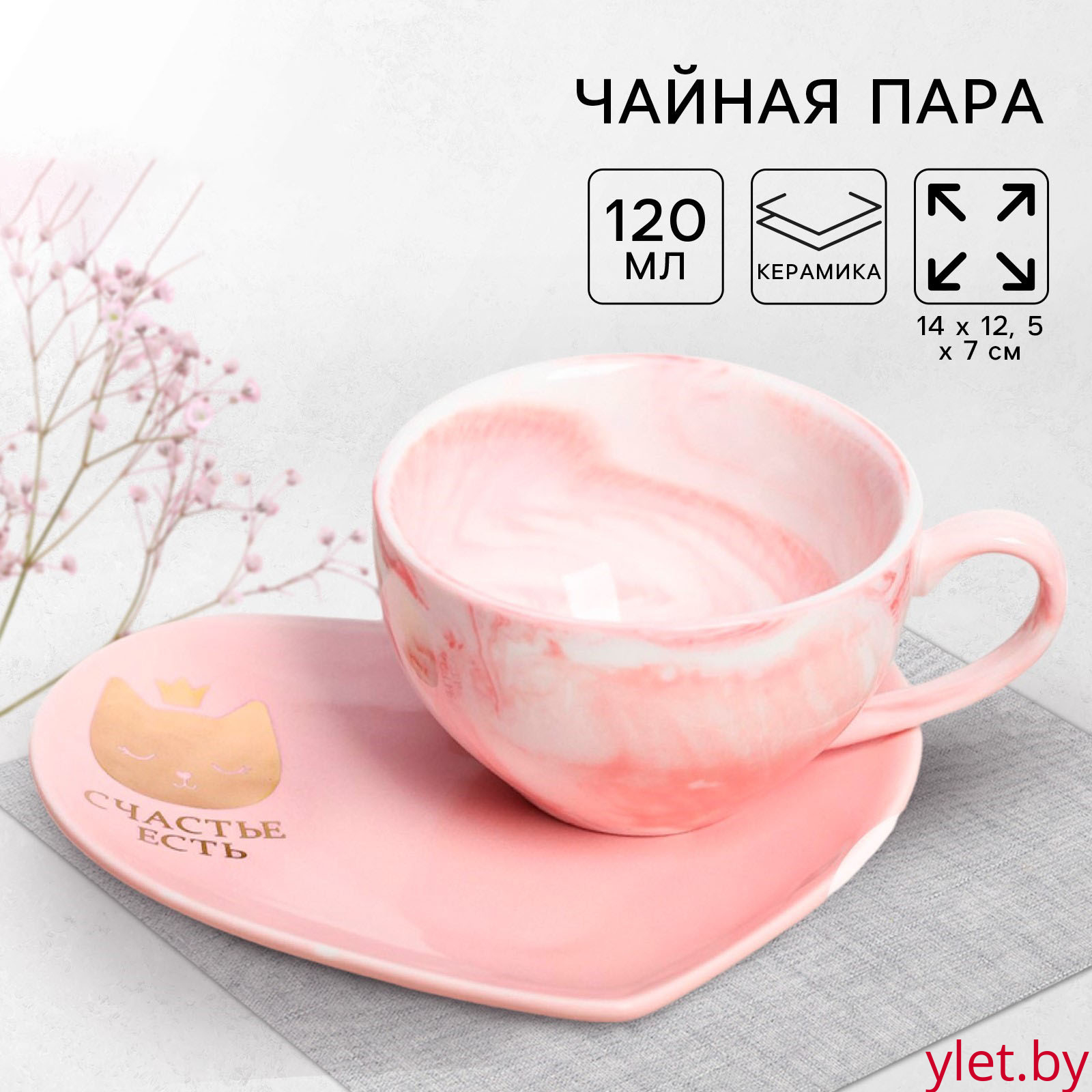 Подарочный набор керамический «Счастье есть»: кружка 120 мл, блюдце, цвет розовый Подарочный набор керамический «Счастье есть»: кружка 120 мл, блюдце, цвет розовый