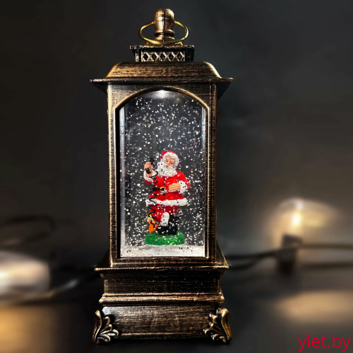 Снежный музыкальный Ретро фонарь квадратный "Дед мороз с телефоном" 9.5х9.5х30 см