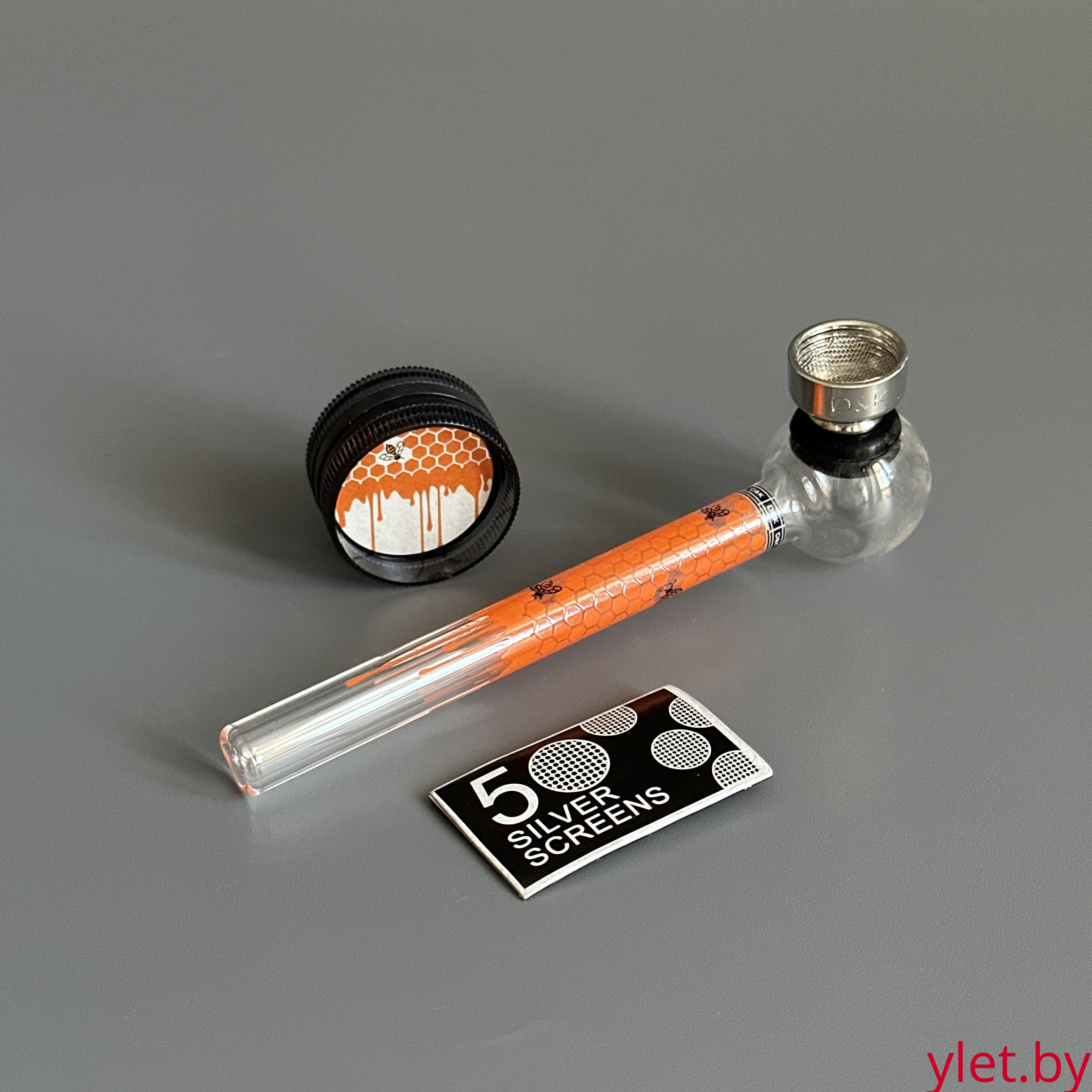 Курительный девайс стеклянная трубочка Соты с гриндером оранжевый