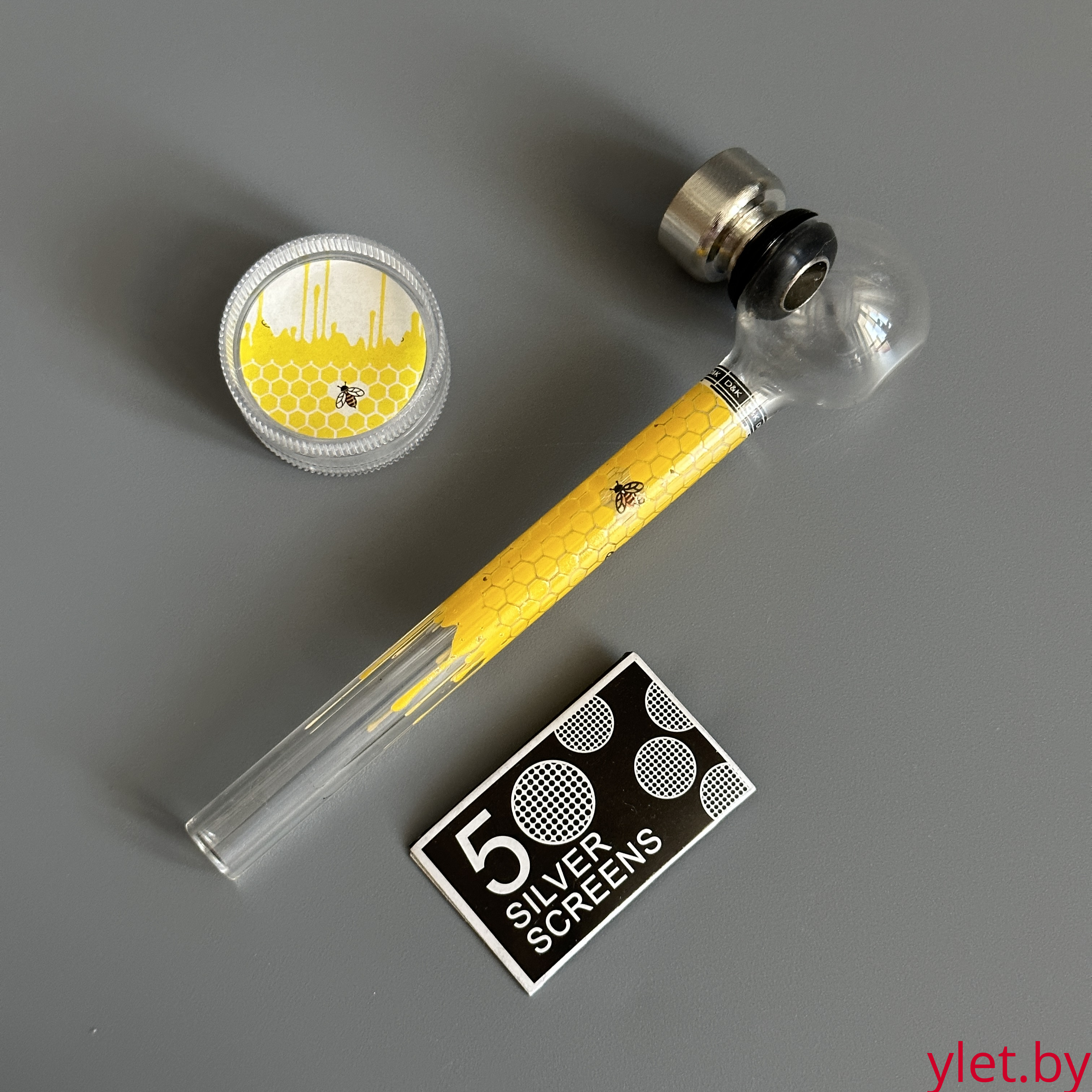 Курительный девайс стеклянная трубочка Соты с гриндером желтый