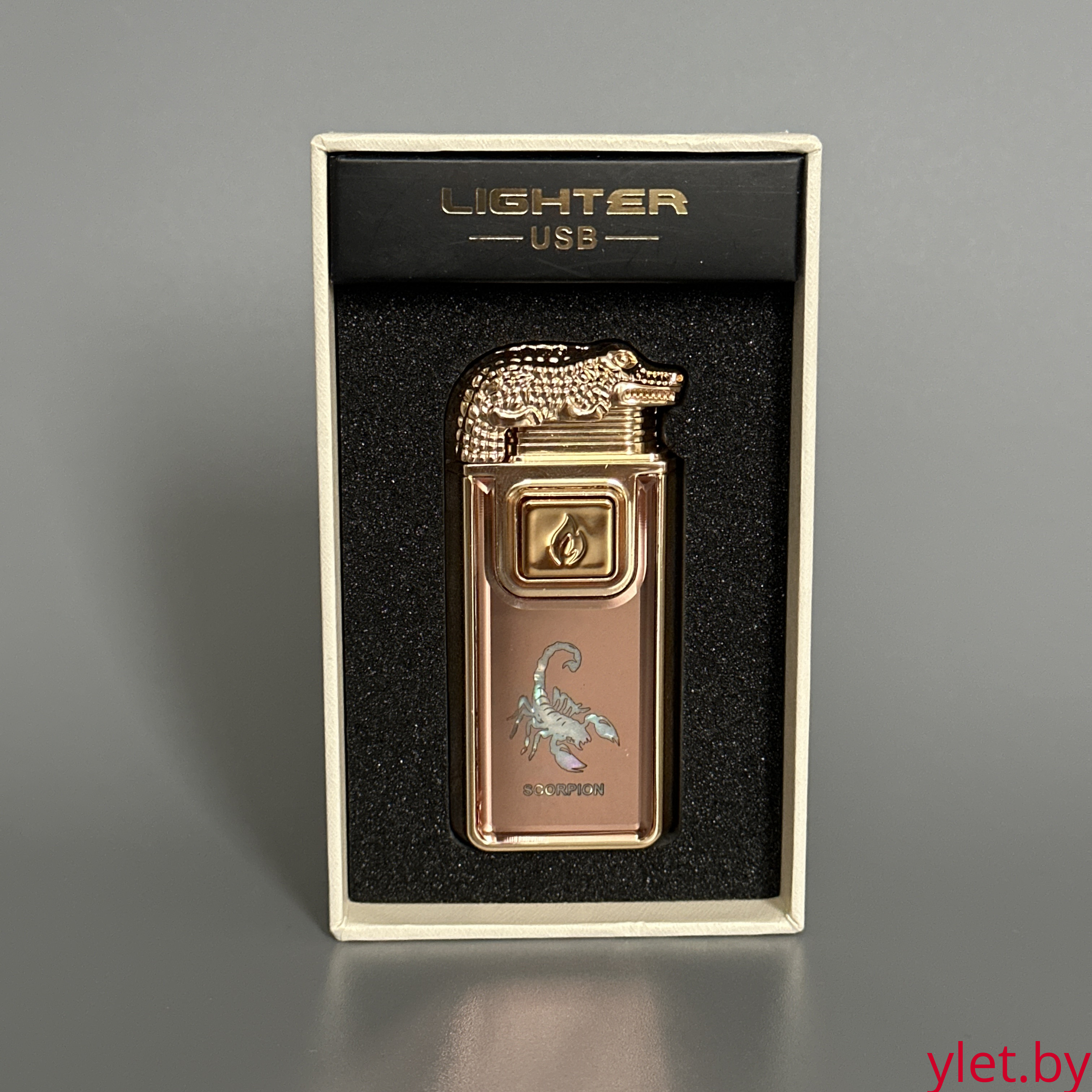 Зажигалка турбо газовая+обычное пламя Крокодил, бронза и золото, эмблема скорпиона