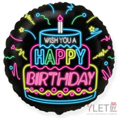 Шар (18''/46 см) Круг, С Днем рождения, Торт, Неон