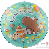 Шар (18''/46 см) Круг, С Днем Рождения, Бегемот с тортом