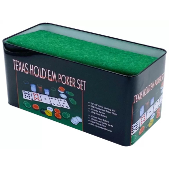 Набор для покера Texas Holdem 200 фишек с номиналом в металлической коробке