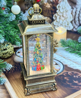 Снежный музыкальный Ретро фонарь квадратный "Елка" 8х8х21 см