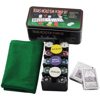 Набор для покера Texas Holdem 200 фишек с номиналом в металлической коробке