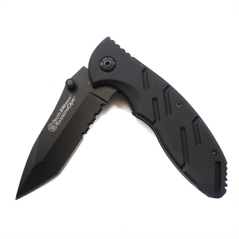 Нож складной черный со стропорезом 20 см