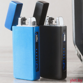 Импульсная зажигалка Lighter двойная с кнопкой индикатор сбоку (синяя) С ДЕФЕКТОМ