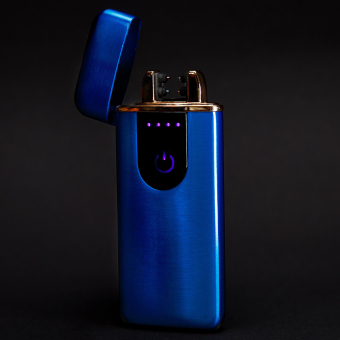 Импульсная зажигалка двойная сенсорная с золотой каймой Синяя матовая