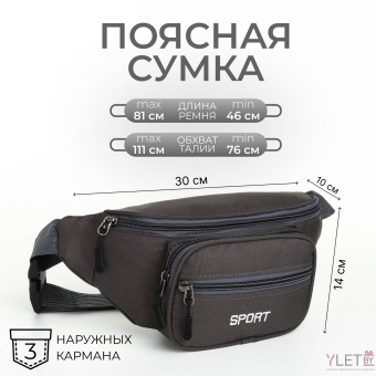 Сумка поясная "Грейс" на молнии, 30*10*14 см, 2 наружных кармана, серый