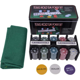 Набор для покера Texas Holdem 200 фишек с номиналом в металлической коробке