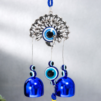 Китайские колокольчики Музыка ветра металл "Павлин" от сглаза с кисточкой 2 колокольчика 22х6,5 см, музыкальная подвеска