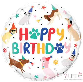 Шар (18''/46 см) Круг, С Днем Рождения (собачки в колпачках)
