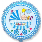 Шар (18''/46 см) Круг, Детская коляска для мальчика, Голубой