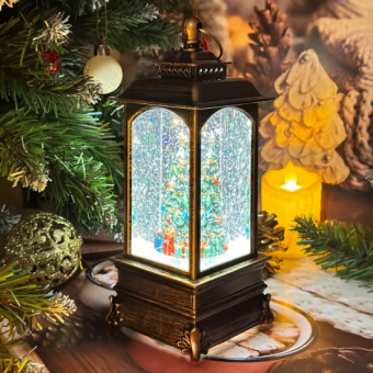 Снежный музыкальный Ретро фонарь квадратный "Елка" 8х8х21 см