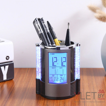 Подставка для канцтоваров светящаяся с часами, календарём и термометром