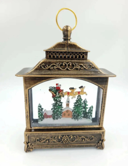 Снежный музыкальный Ретро фонарь прямоугольный  "Летящие сани" 5х12х19 см