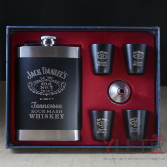 Набор фляжка и стопки Jack Daniels черный с металлической окантовкой