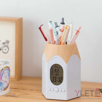 Подставка для канцтоваров музыкальная с часами, календарем и термометром (белый)