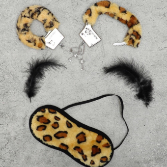 Эротический набор Наручники, перышко, маска Леопард