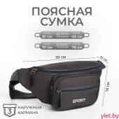 Сумка поясная "Грейс" на молнии, 30*10*14 см, 2 наружных кармана, серый