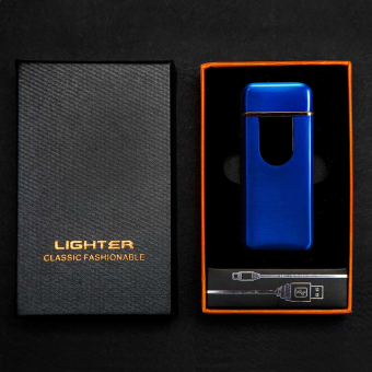 Импульсная зажигалка двойная сенсорная с золотой каймой Синяя матовая