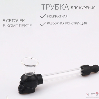 Трубка для курения "Череп", 5 сеточек, 10×4×2 см, черная