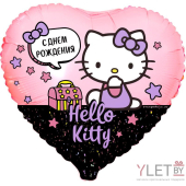 Шар (18''/46 см) Сердце, Hello Kitty, С Днем Рождения! Розовый