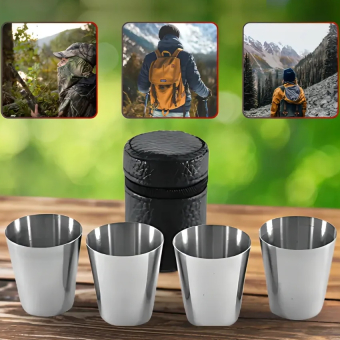 Набор стопок в черном футляре 4 шт, 150 мл, сталь