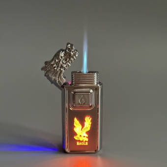 Зажигалка турбо газовая+обычное пламя Голова дракона, серебро, эмблема орла