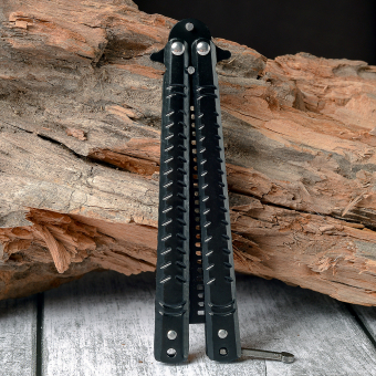 Нож бабочка тренировочный с расческой черный Засечки