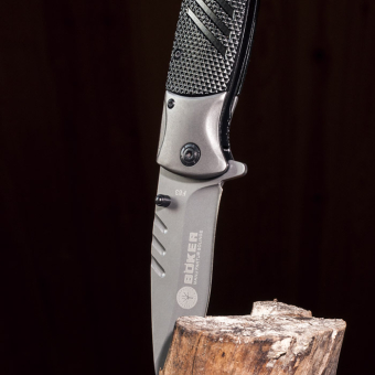 Нож складной механический Boker серый матовый