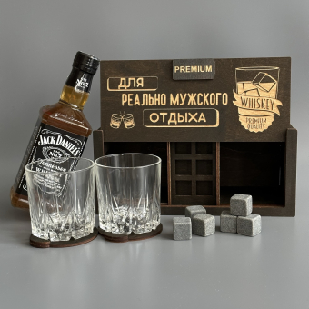Набор для виски Premium “Для реально мужского отдыха (стакан)” (2 стакана + 6 камней + 2 подставки )