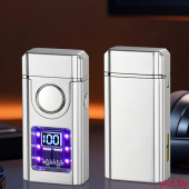 Зажигалка импульсная+турбо газовая+обычное пламя со световым экраном и окном заполнения, Серебро
