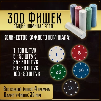 Набор для покера 300 фишек в кейсе с номиналом Набор для покера 300 фишек в кейсе с номиналом
