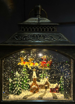 Снежный музыкальный Ретро фонарь прямоугольный  "Летящие сани" 5х12х19 см