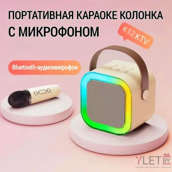 Портативная колонка караоке К12 квадратная Кремовая