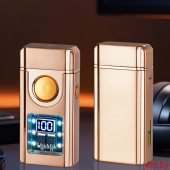 Зажигалка импульсная+турбо газовая+обычное пламя со световым экраном и окном заполнения, кнопка посередине, Бронза