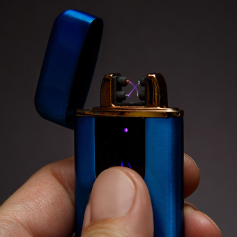 Импульсная зажигалка двойная сенсорная с золотой каймой Синяя матовая
