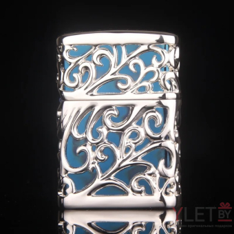 Зажигалка бензиновая Винтажный узор СЕРЕБРО (синий)