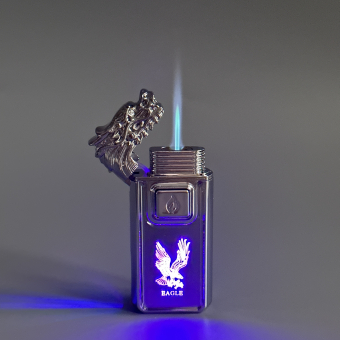 Зажигалка турбо газовая+обычное пламя Голова дракона, серебро, эмблема орла