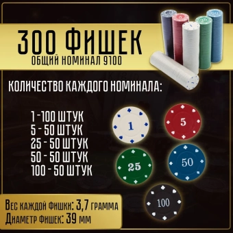 Набор для покера 300 фишек в кейсе с номиналом Набор для покера 300 фишек в кейсе с номиналом