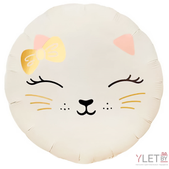 Шар (18''/46 см) Круг, Кошечка с бантом, Кремовый, Сатин