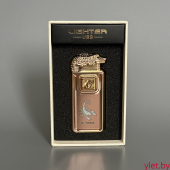 Зажигалка турбо газовая+обычное пламя Крокодил, бронза и золото, эмблема скорпиона